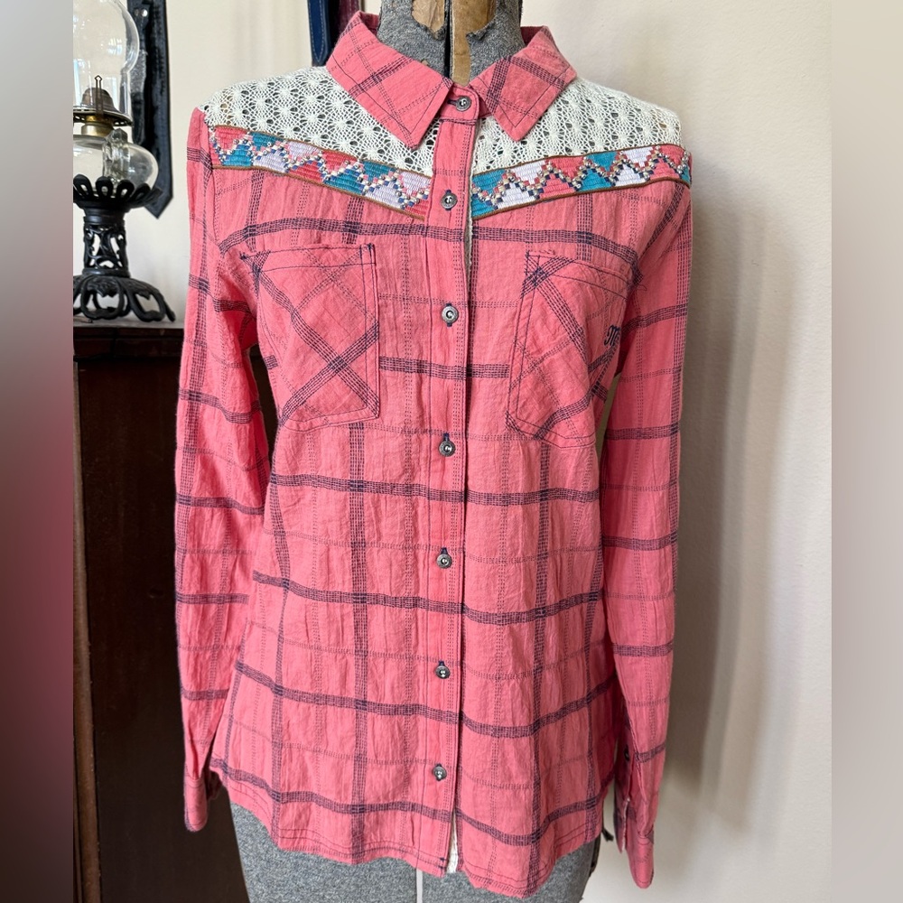 EUC Miss Me Beaded Embroidered Button Down Coral Mesh Shirt Top